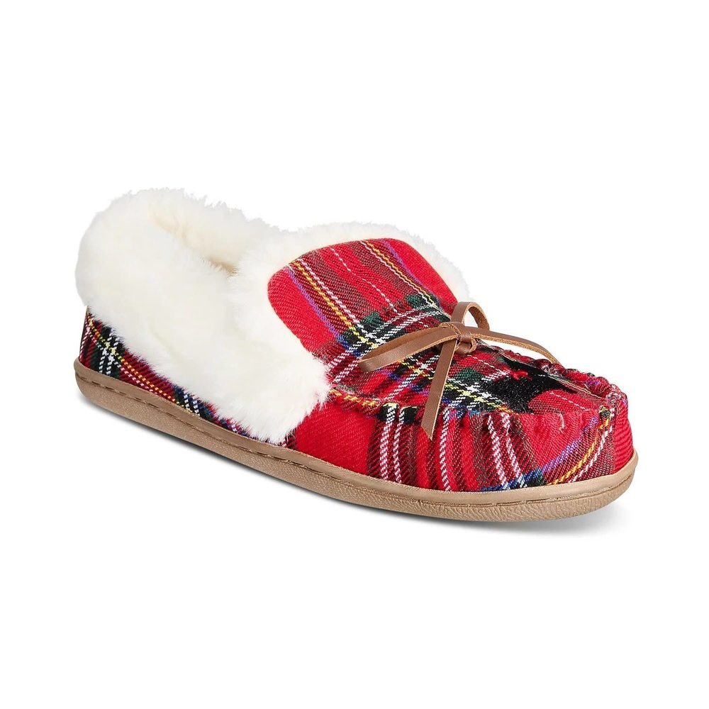 Charter Club Dorenda Moccasin Slippers, Red Plaid Dog, Size 9M